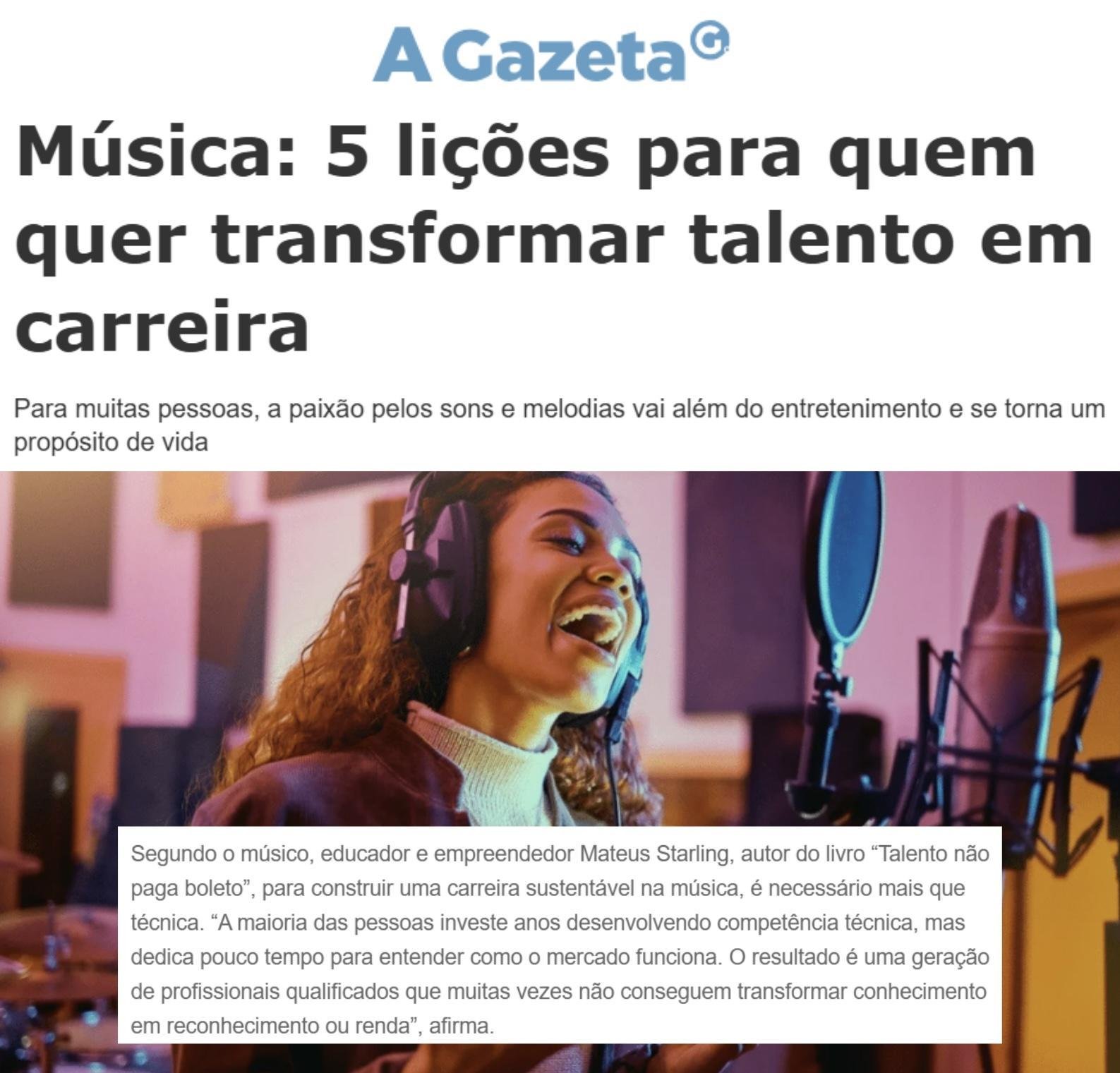 Matéria A Gazeta sobre Talento Não Paga Boleto